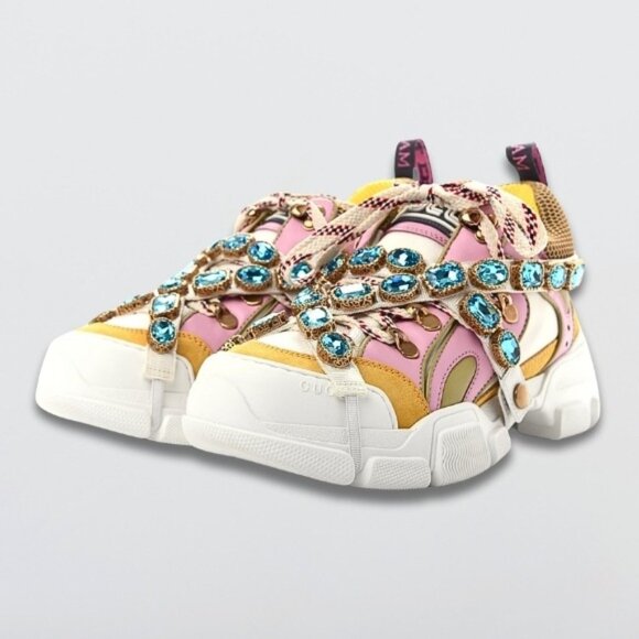 Gucci Journey Flashtrek Crystal Sneakers Jewel Chunky Sole Pink/Yellow/White - Picture 3 of 14